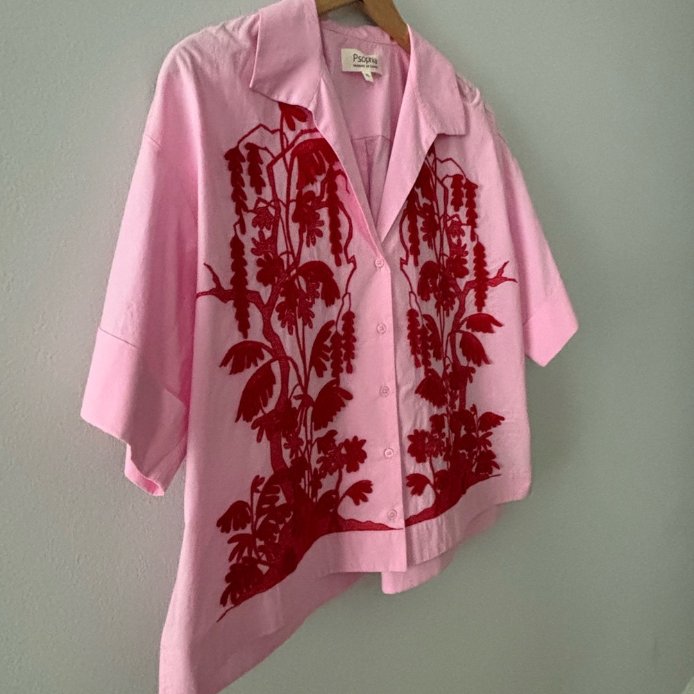 PSOPHIA Pink cotton short sleeve shirt with red embroidered flowers size XL - Picture 3 of 6